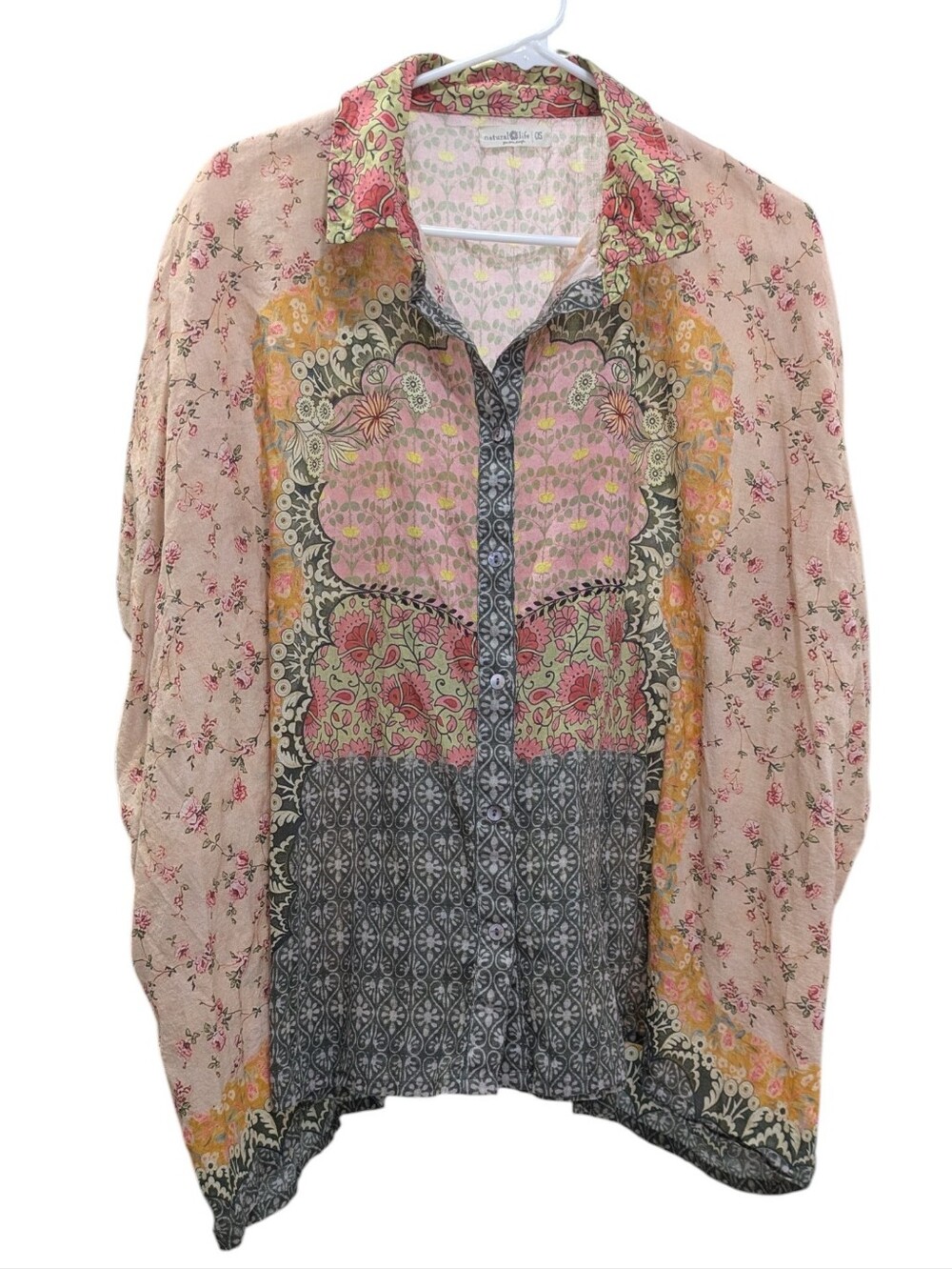 Natural Life Kelly Oversized 100% Cotton Pink Frames Button Down Top OS NWOT